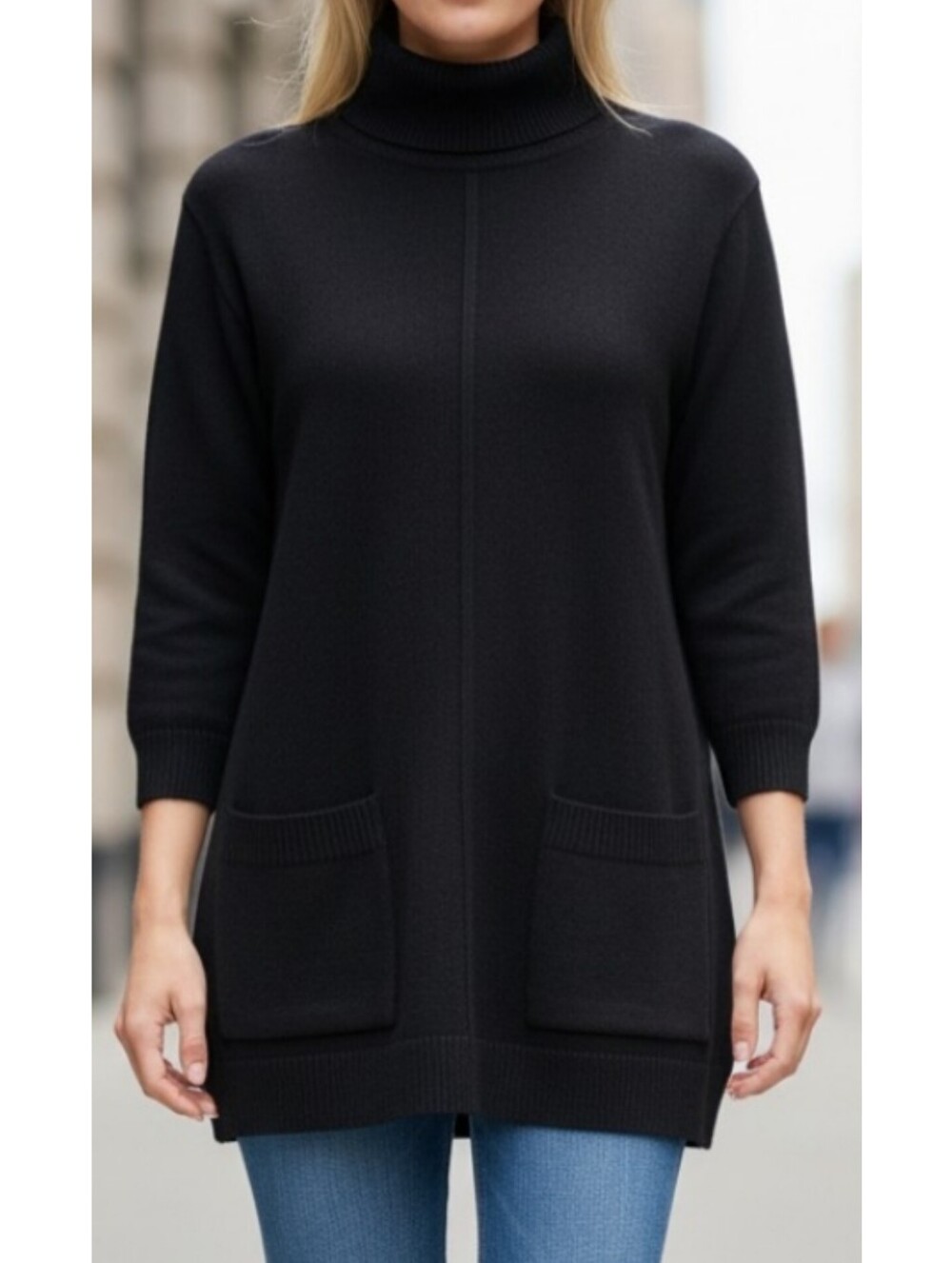 Talbots medium soft merino wool sweater 3/4 sleeve black knit classic grandma